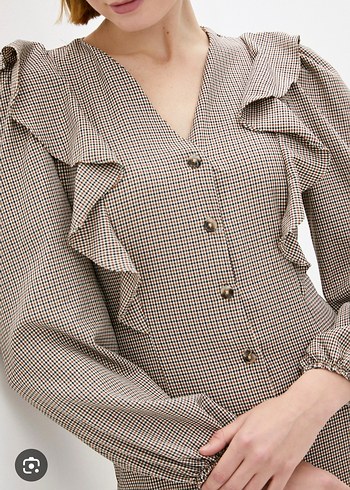 Düğmeli Bej Ekose Midi Elbise - Görsel 2