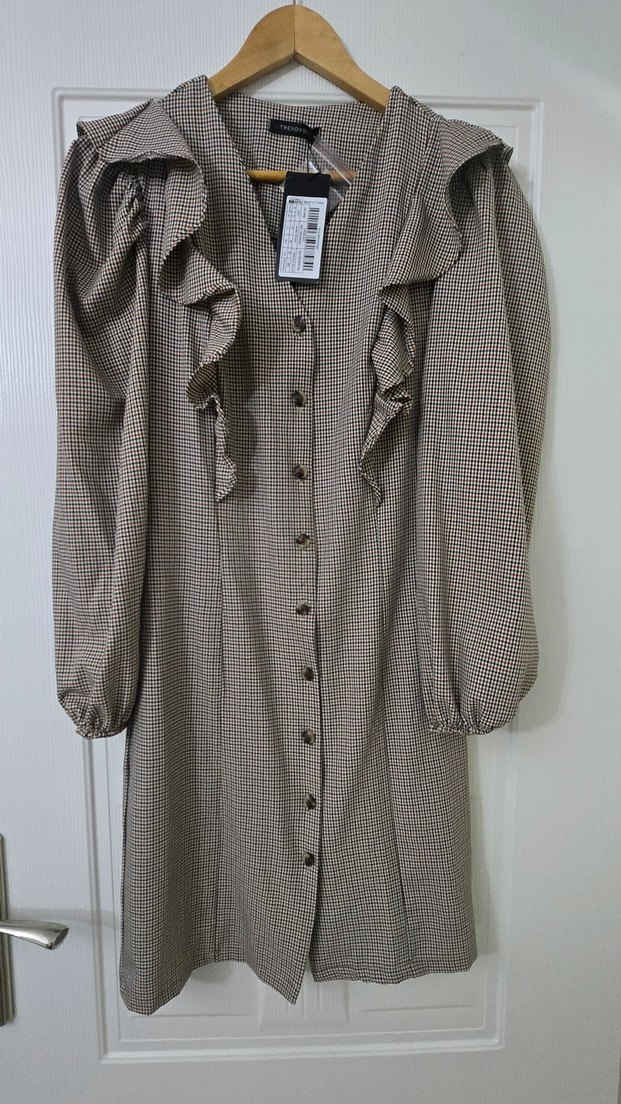 Düğmeli Bej Ekose Midi Elbise - Görsel 4