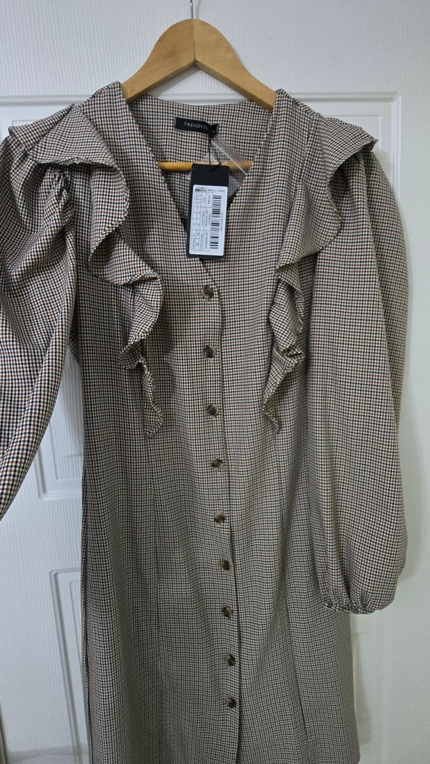 Düğmeli Bej Ekose Midi Elbise - Görsel 3