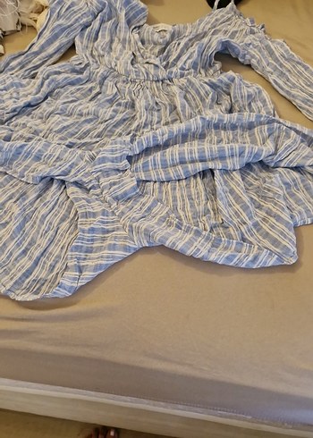 Mavi Pileli Keten Midi sortlu Elbise - Görsel 2