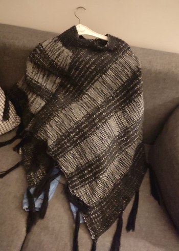 Gri Çizgili Bohem Örgü Kadın Panço - Görsel 4