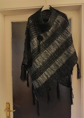 Gri Çizgili Bohem Örgü Kadın Panço - Görsel 3