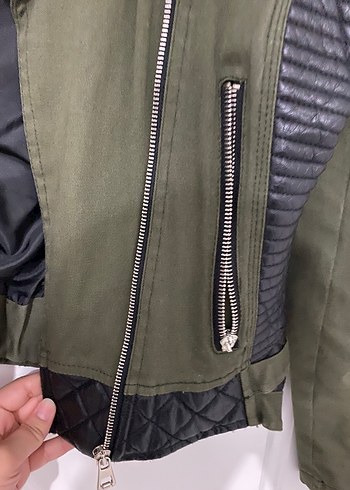 m Beden yeşil Renk Kemerli Yeşil Kamuflaj Deri Biker Ceket