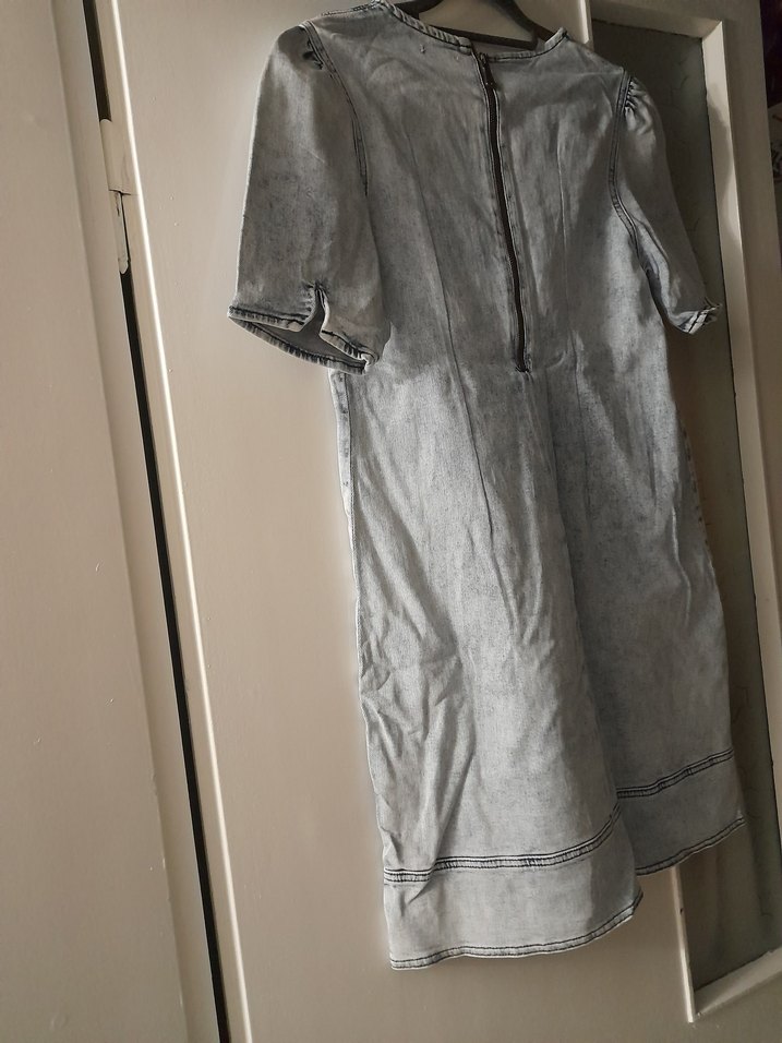 Gri Denim Midi Elbise, Kısa Kollu, Rahat Kesim - Görsel 2