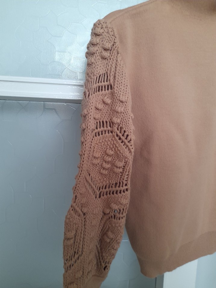 Bej Örgü Detaylı Kadın Triko - Görsel 2