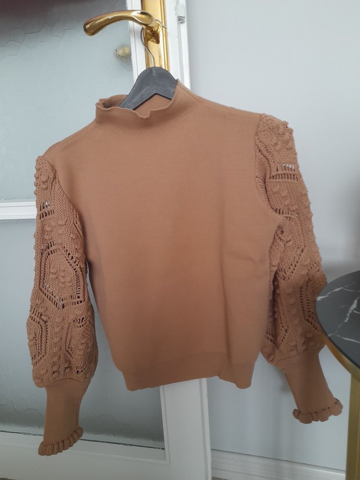 Bej Örgü Detaylı Kadın Triko - Görsel 3