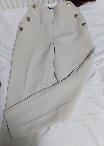 Düğmeli Bej Kadın Kumaş Pantolon - Görsel 6