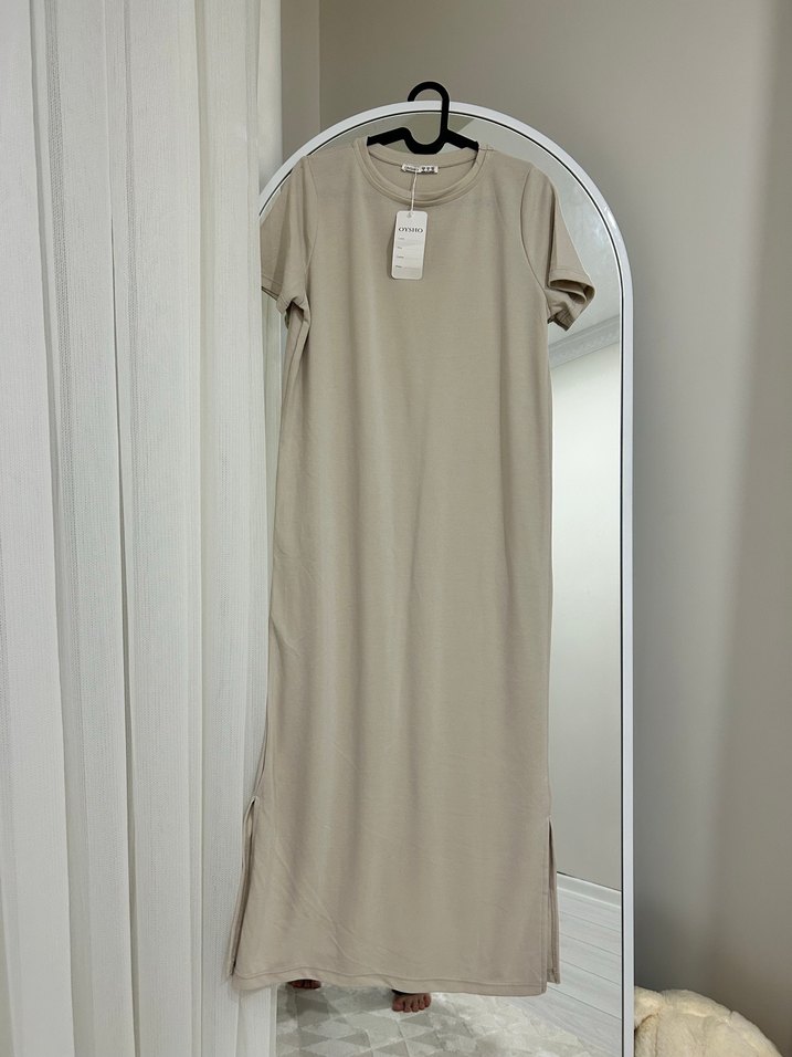 Oysho Bej Kısa Kollu Uzun Elbise - Görsel 5