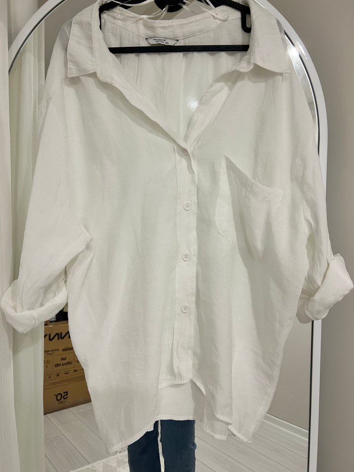 Kadın Beyaz Keten Gömlek Uzun Kollu - Görsel 2