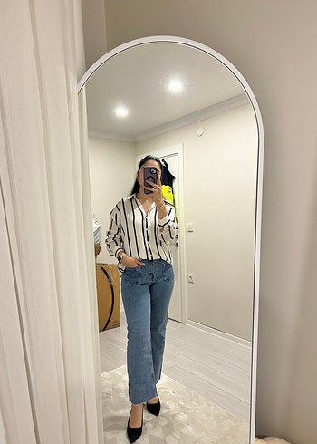 Saten lacivert çizgili gömlek - Görsel 3