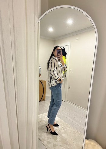 Saten lacivert çizgili gömlek - Görsel 4