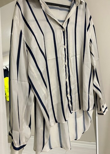 Saten lacivert çizgili gömlek - Görsel 6