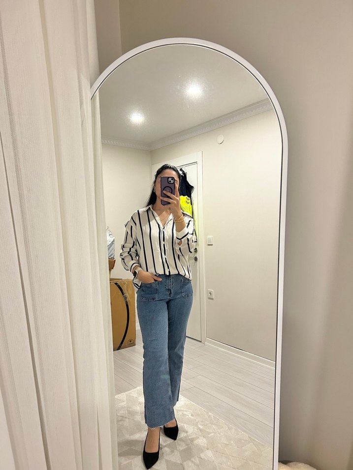 Saten lacivert çizgili gömlek - Görsel 3