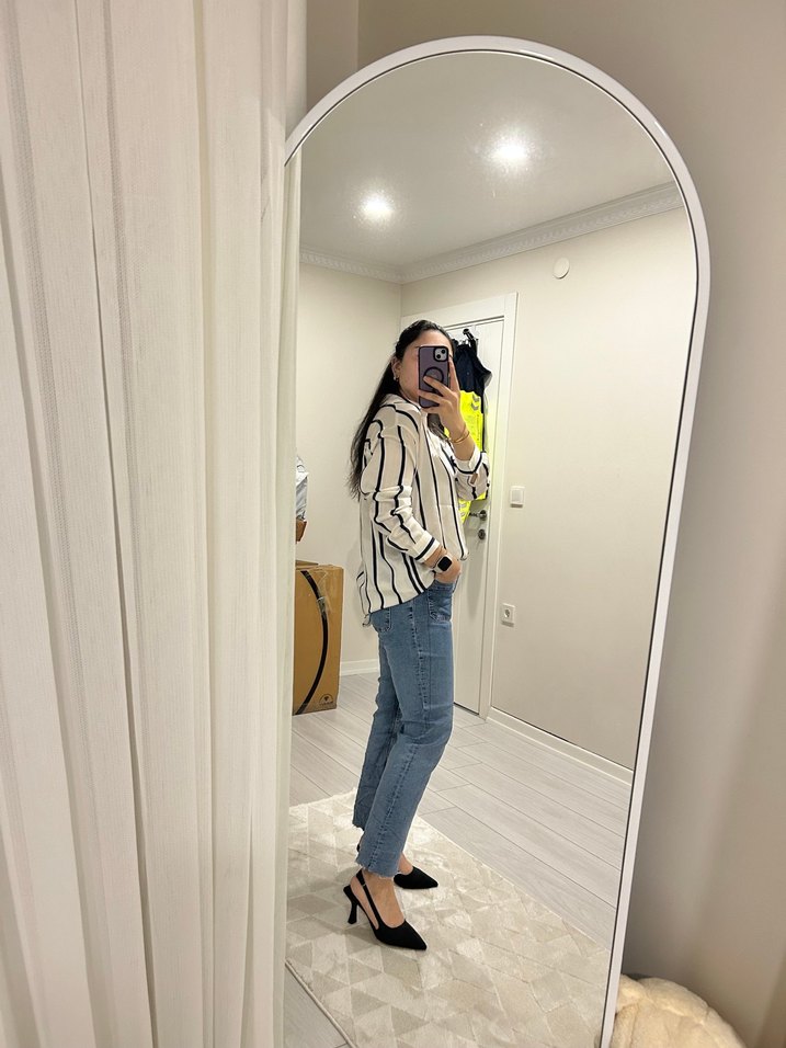 Saten lacivert çizgili gömlek - Görsel 4