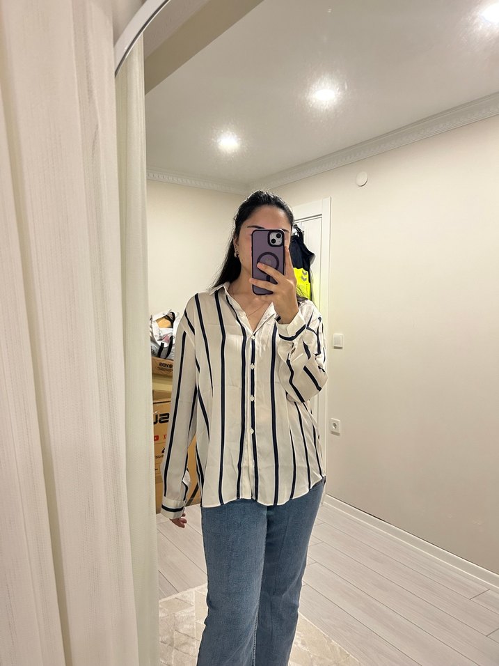 Saten lacivert çizgili gömlek - Görsel 2