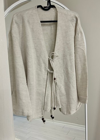 Bej V Yaka Kadın Denim bağcıklı Gömlek yelek - Görsel 5