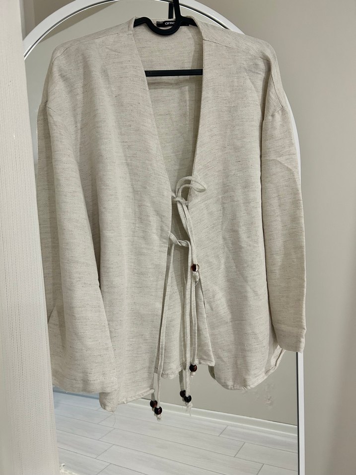 Bej V Yaka Kadın Denim bağcıklı Gömlek yelek - Görsel 5