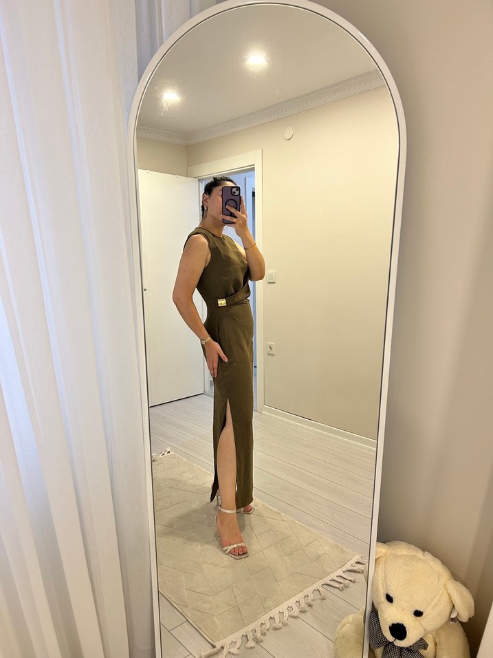 Kadın Kolsuz Uzun Haki Elbise - Görsel 4