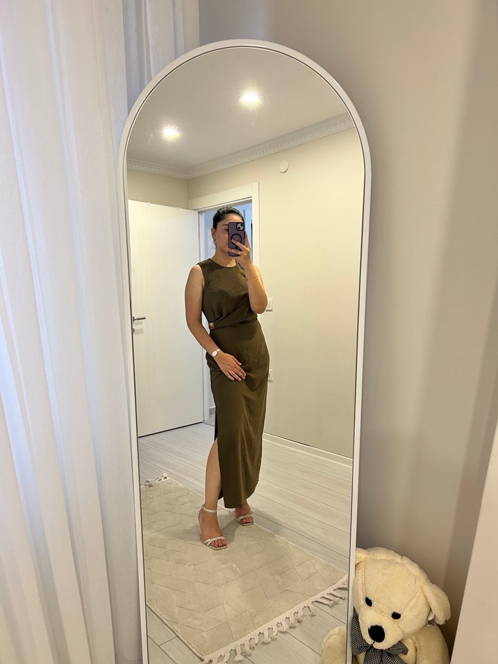 Kadın Kolsuz Uzun Haki Elbise - Görsel 5