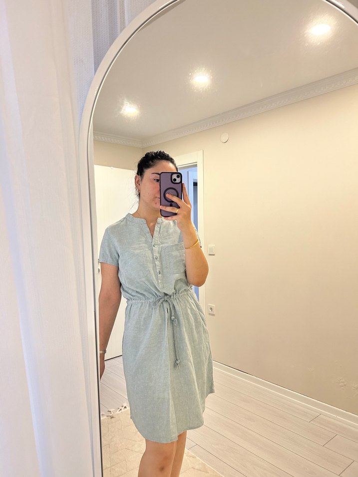 Mavi diz boyu beli kemerli elbise - Görsel 2