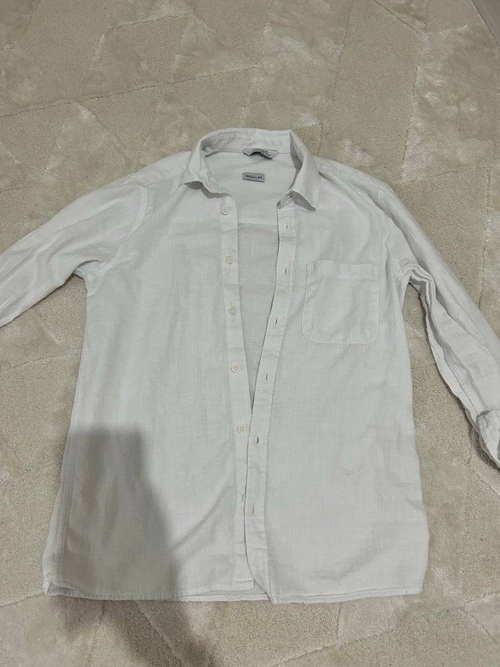 Erkek Beyaz Keten Gömlek, Düğmeli, Uzun Kollu - Görsel 2