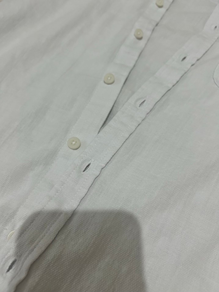 Erkek Beyaz Keten Gömlek, Düğmeli, Uzun Kollu - Görsel 4