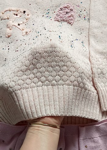 pembe Nakışlı Örgü Kız Kazak üçlü - Görsel 12