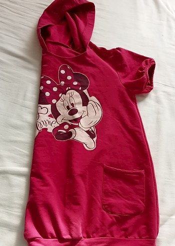 Pembe Minnie Baskılı Kapüşonlu kısa kollu elbise - Görsel 7