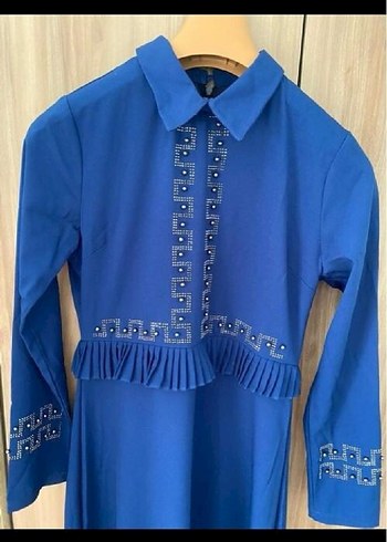 Uzun Kollu Lacivert Pilili Kadın Elbise - Görsel 3