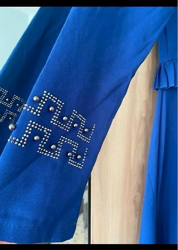 Uzun Kollu Lacivert Pilili Kadın Elbise - Görsel 4