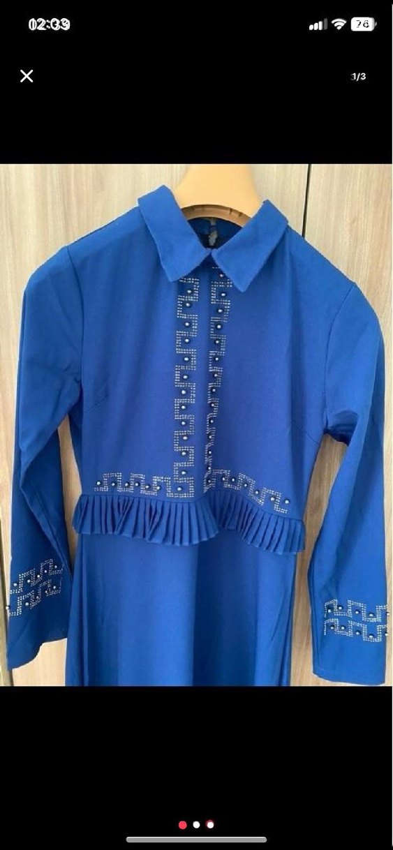 Uzun Kollu Lacivert Pilili Kadın Elbise - Görsel 3