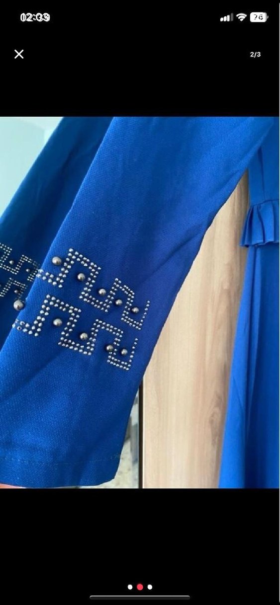 Uzun Kollu Lacivert Pilili Kadın Elbise - Görsel 4