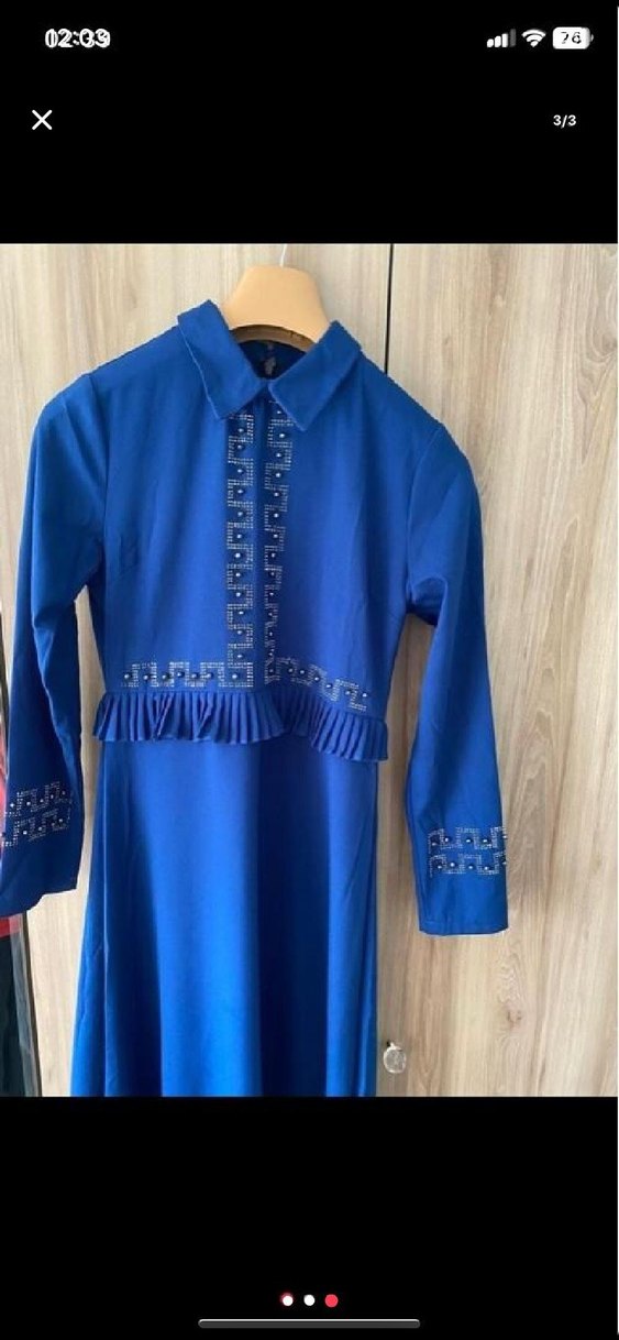 Uzun Kollu Lacivert Pilili Kadın Elbise - Görsel 5