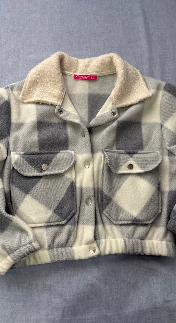 Gri-beyaz  Kareli Düğmeli gömlek Ceket - Görsel 3