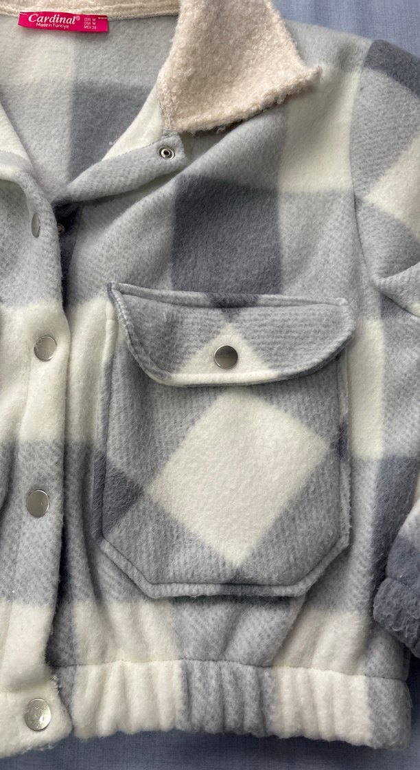 Gri-beyaz  Kareli Düğmeli gömlek Ceket - Görsel 4