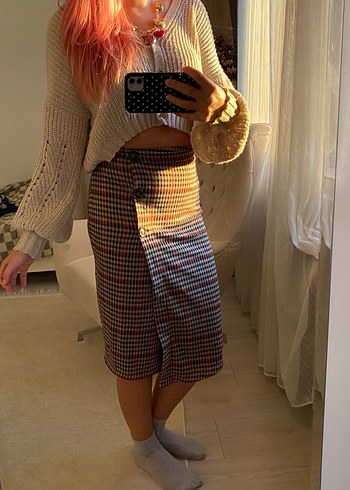 Pull&Bear Kahverengi Ekose Triko Midi Etek