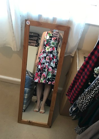 Pembe Çiçekli Retro Midi Elbise - Görsel 3