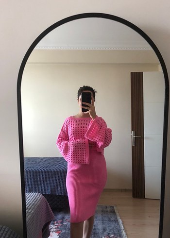 Pembe Midi Triko Elbise