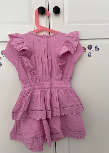 Kız Çocuk Pembe Fırfırlı Keten Elbise - Görsel 2