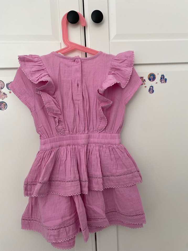 Kız Çocuk Pembe Fırfırlı Keten Elbise - Görsel 2