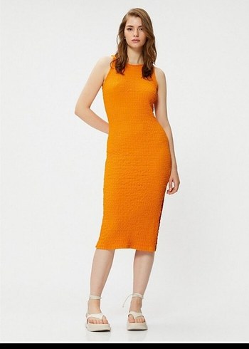 Turuncu Triko Midi Elbise - Görsel 5
