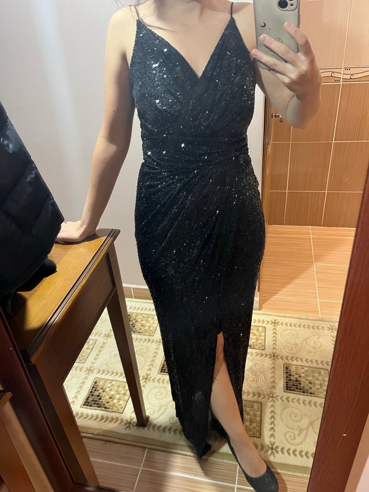 Siyah Drapeli Midi Abiye Elbise - Görsel 3