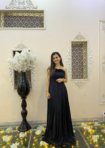 Siyah Drapeli Straplez Uzun Abiye Elbise - Görsel 2