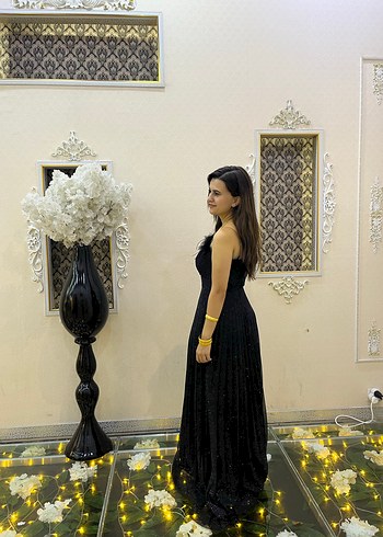 Siyah Drapeli Straplez Uzun Abiye Elbise - Görsel 3