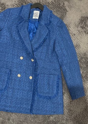 Düğmeli Mavi Denim Kadın Blazer - Görsel 2