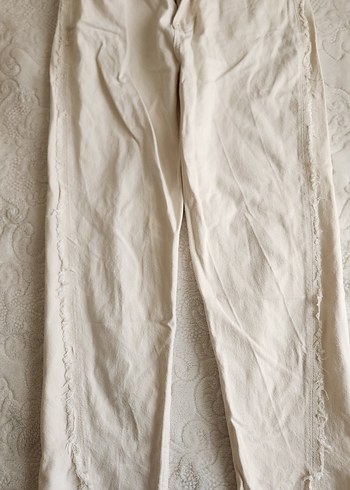 Dantel Detaylı bej Keten Kadın Pantolon - Görsel 2