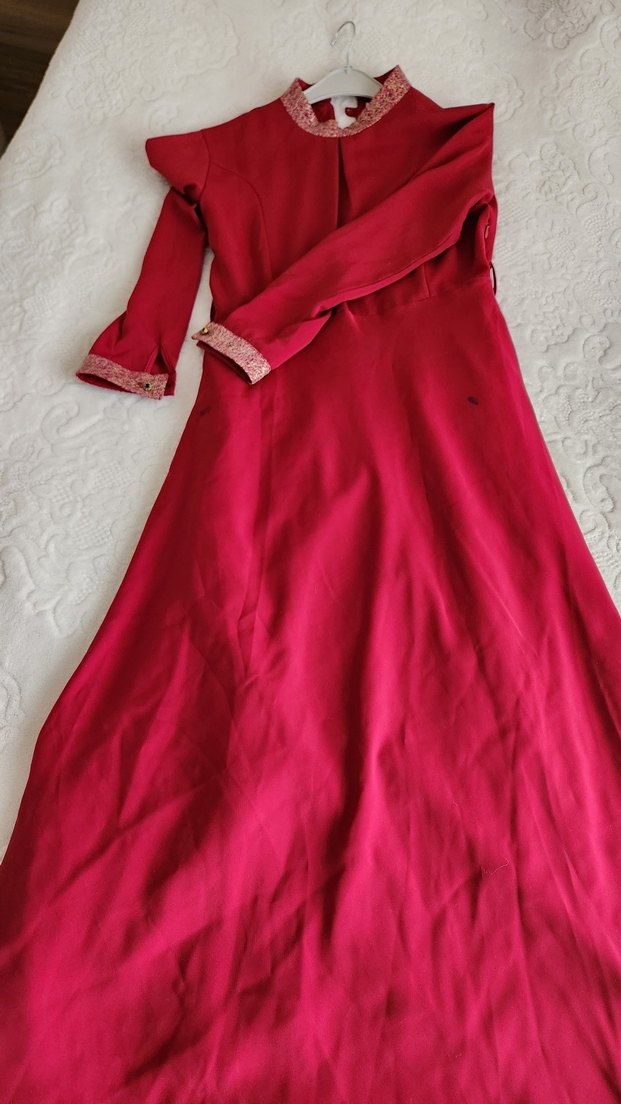 Bordo Uzun Kollu V Yaka Kadın Elbise - Görsel 2