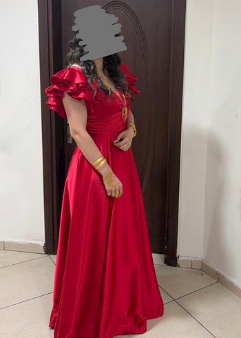 Kırmızı saten Uzun Abiye Elbise - Görsel 2