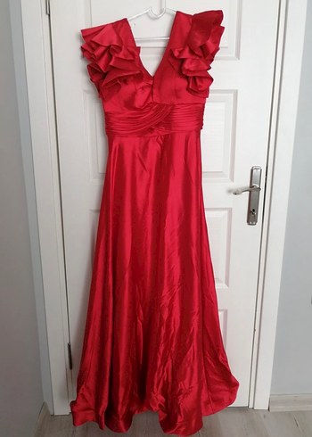 Kırmızı saten Uzun Abiye Elbise - Görsel 3