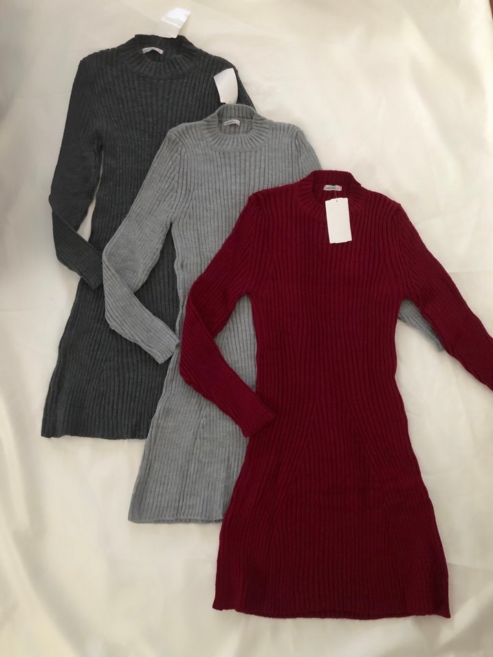 Sıfır yaka fitilli triko elbise - Görsel 2